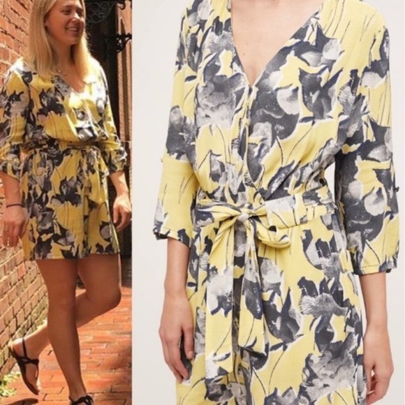 Anthro Floral Faux Wrap V Neck Romper Elevenses - Picture 2 of 4